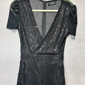 Black Sequin Jumpsuit w/ Sheer Back & Belt – Size Small